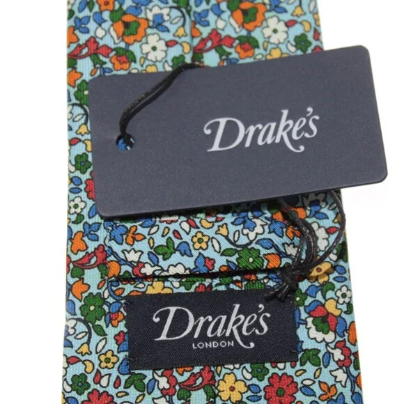 Drake's NWT Neck Tie in Blue / Multicolor Mini Floral Print 100% Silk